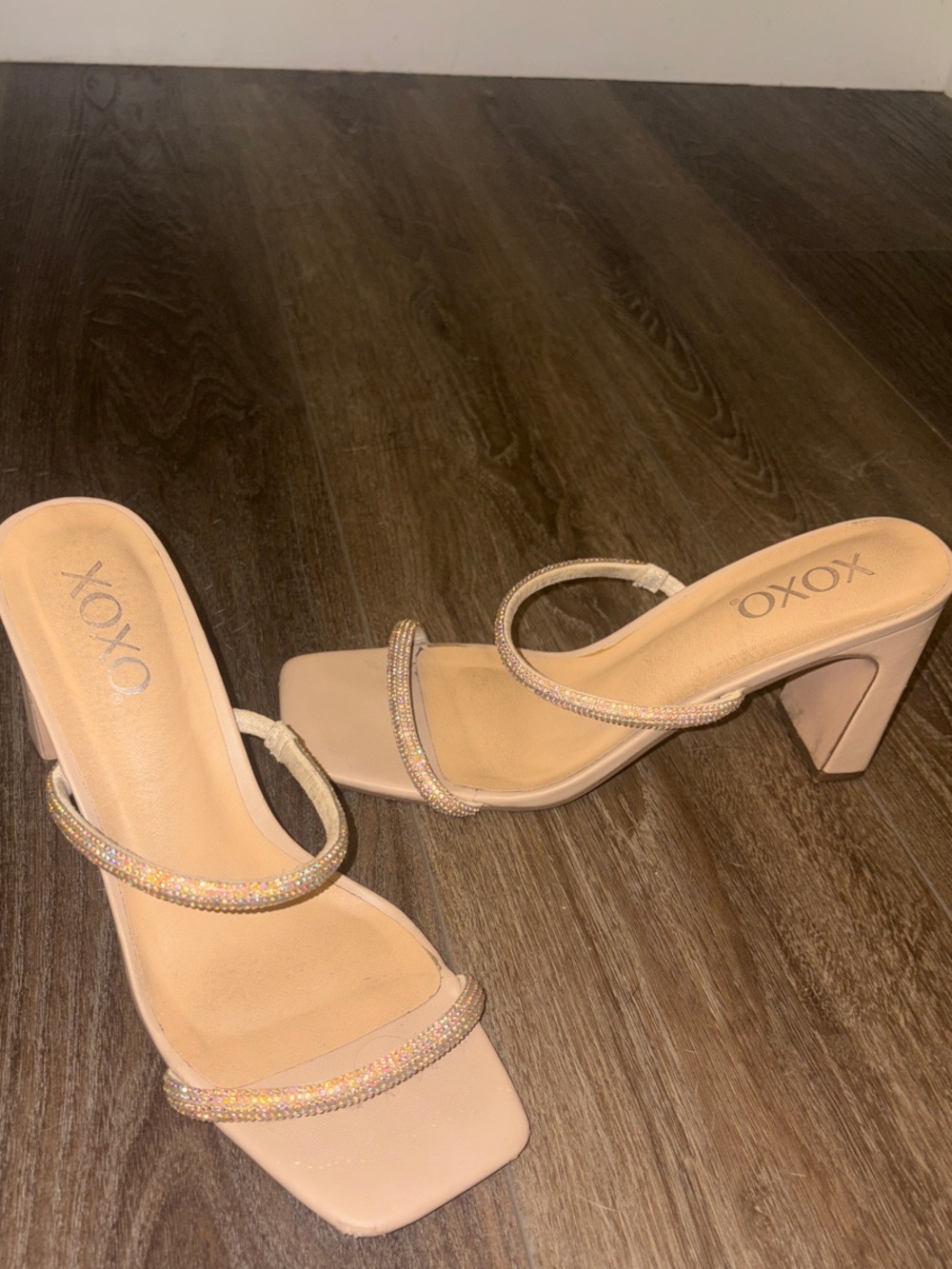 XOXO Blush Rhinestone Double-Strap Block Heel Sandals
